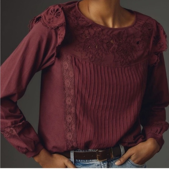 Anthropologie Tops - Anthropologie Tiny Long-Sleeve Crescent Ruffled Lace Top SIZE XS